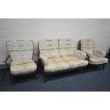 LUCIAN ERCOLANI FOR ERCOL, A TWO PIECE ELM AND BEECH JUBILEE TWO PIECE SUITE, with later upholstery,