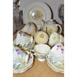 AN EIGHT PIECE SUSIE COOPER PRINTEMPS 2205 PART TEA SET WITH FOLEY CHINA HANDPAINTED TEA CUPS AND