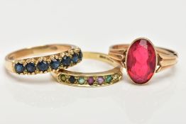 THREE GEM SET RINGS, the first designed as a half eternity ring, set with a row of seven circular