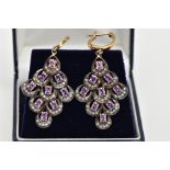 A PAIR OF SILVER GILT AMETHYST DROP EARRINGS, each drop of an openwork diamond shape, set with