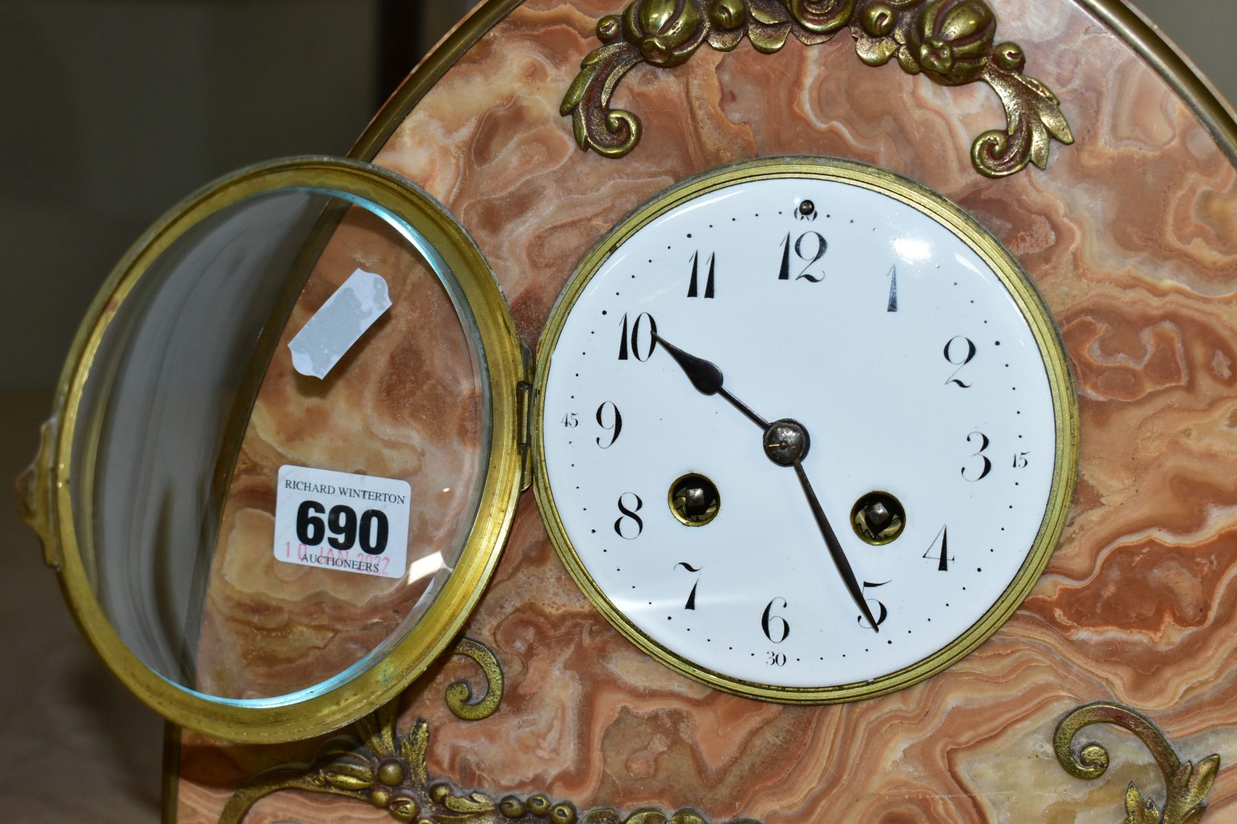 AN EARLY 20TH CENTURY JAPY FRERES ORANGE MARBLE ARCH SHAPED MANTEL CLOCK, the white enamel dial with - Image 3 of 9