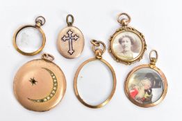 AN ASSORTMENT OF ROLLED GOLD LOCKETS, to include four glass lockets one including a painted