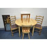 A MODERN BEECH EXTENDING DINING TABLE, beech chair, two oak chairs, a pine stool and a rectangular