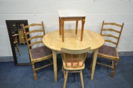 A MODERN BEECH EXTENDING DINING TABLE, beech chair, two oak chairs, a pine stool and a rectangular