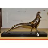 A REPRODUCTION ART DECO STYLE BRONZED FIGURE OF AN EXOTIC PHEASANT ON A BLACK MARBLE BASE, the