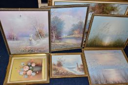 SEVEN LATER 20TH CENTURY OILS ON CANVAS, five depicts landscapes and one is a still life flower