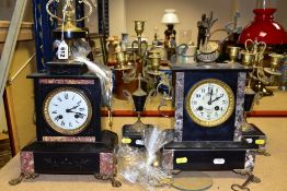 TWO SLATE AND MARBLE AND GILT METAL MANTLE CLOCKS, comprising a clock garniture signed Theophile Job