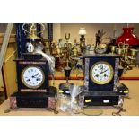 TWO SLATE AND MARBLE AND GILT METAL MANTLE CLOCKS, comprising a clock garniture signed Theophile Job