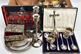 A BOX OF ASSORTED WHITE METAL WARE, to include a silver bright cut teaspoon, engraved with