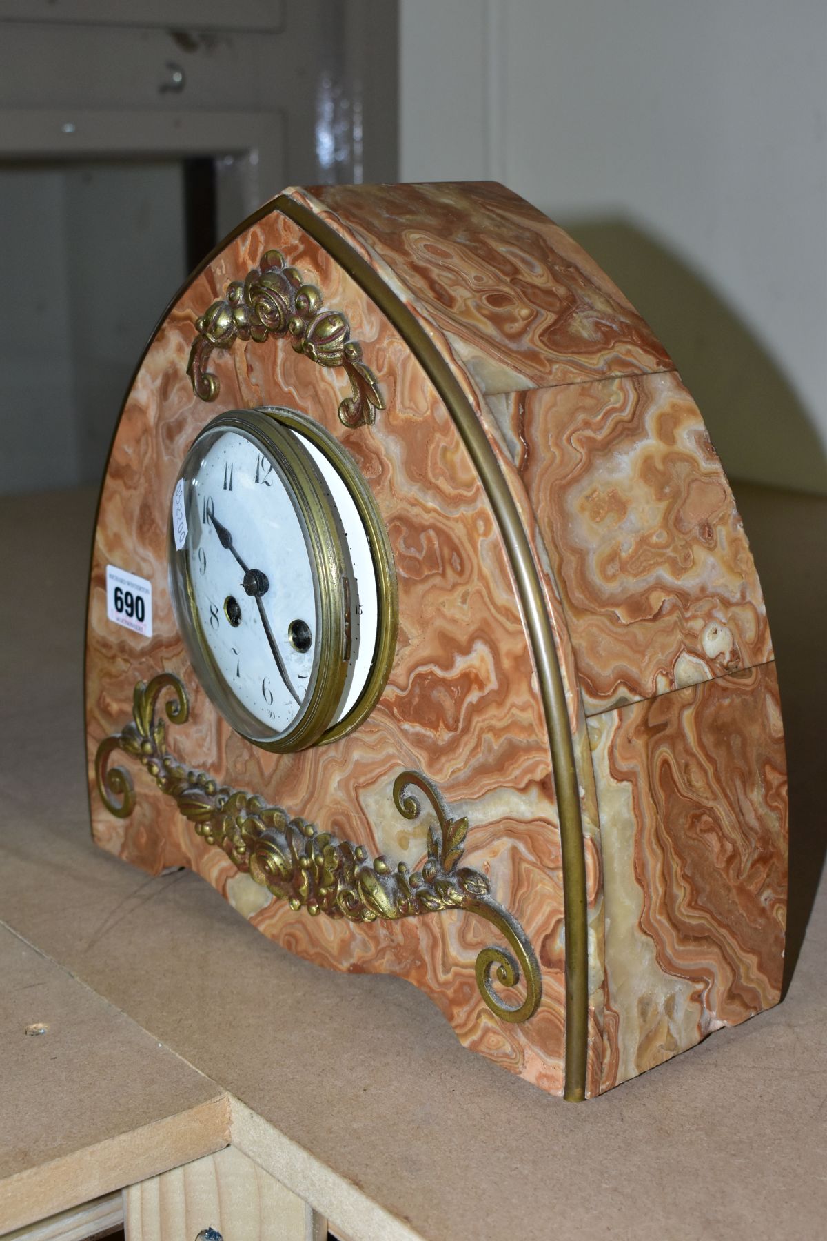 AN EARLY 20TH CENTURY JAPY FRERES ORANGE MARBLE ARCH SHAPED MANTEL CLOCK, the white enamel dial with - Image 5 of 9