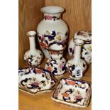 SEVEN PIECES OF MASONS BLUE MANADALAY PATTERN IRONSTONE GIFTWARE, comprising a pair of bud vases,