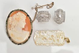 A CAMEO BROOCH, A PENDANT AND A PAIR OF EARRINGS, the cameo of an oval form, depicting a lady in