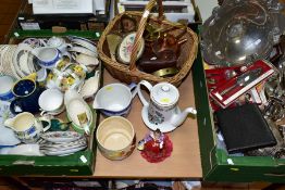 TWO BOXES AND LOOSE CERAMICS, PLATED WARES AND SUNDRIES ETC, to include a silver plated compressed