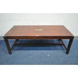 A MAHOGANY CAMPAIGN STYLE COFFEE TABLE, length 137cm x depth 54cm x height 49cm and a matching