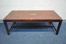 A MAHOGANY CAMPAIGN STYLE COFFEE TABLE, length 137cm x depth 54cm x height 49cm and a matching