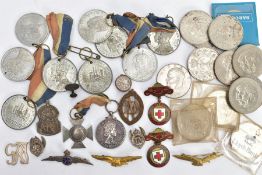 A SELECTION OF COINS AND MEDALS, to include a silver five year commemorative medal awarded to