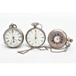 THREE SILVER POCKET WATCHES, to include a silver open face pocket watch, white dial signed 'J.H.