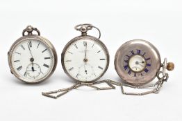 THREE SILVER POCKET WATCHES, to include a silver open face pocket watch, white dial signed 'J.H.