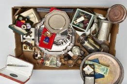 A BOX OF ASSORTED WHITE METAL WARE, to include a silver coaster with wooden base, hallmarked