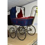 A MID 20TH CENTURY CHILD'S PRAM IN A VICTORIAN STYLE, red and blue synthetic leather style
