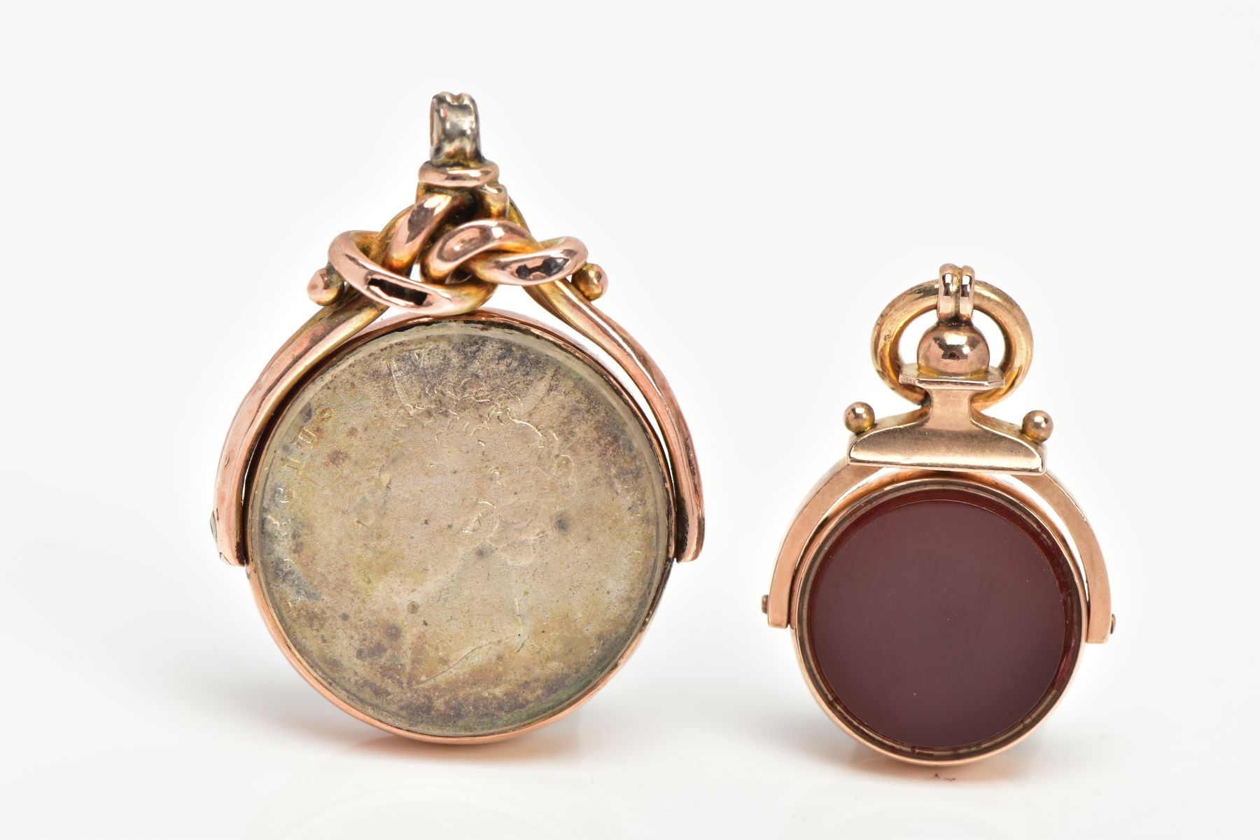 TWO 9CT GOLD SWIVEL FOBS, the first a bloodstone and carnelian fob in a polished gold mount, - Image 2 of 4