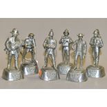 SIX CHARLES STADDEN PEWTER HISTORICAL FIGURES OF FIREMEN, each standing on a shaped square plinth