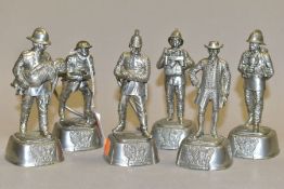SIX CHARLES STADDEN PEWTER HISTORICAL FIGURES OF FIREMEN, each standing on a shaped square plinth