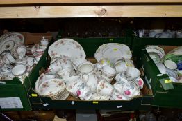 FIVE BOXES OF ASSORTED TEA WARES, DRINKING GLASSES, ETC, mostly part sets, including Royal Albert '