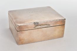 A SILVER LINED CIGARETTE BOX, plain polished design, engraved initials 'GAJS' to the lid, (dink to