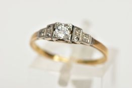 AN ART DECO DIAMOND RING, square stepped design centring on an old cut diamond, single cut diamond