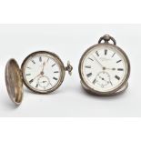 A SILVER OPEN FACE POCKET WATCH AND A FULL HUNTER POCKET WATCH, round white dial signed 'J.W.Benson,