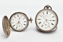 A SILVER OPEN FACE POCKET WATCH AND A FULL HUNTER POCKET WATCH, round white dial signed 'J.W.Benson,