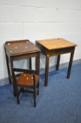 A NARROW OAK SCHOOL DESK, and chair, along with another school desk (3)