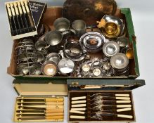 A BOX OF ASSORTED WHITE METAL WARE, to include a cased set of fish knives and forks with fish