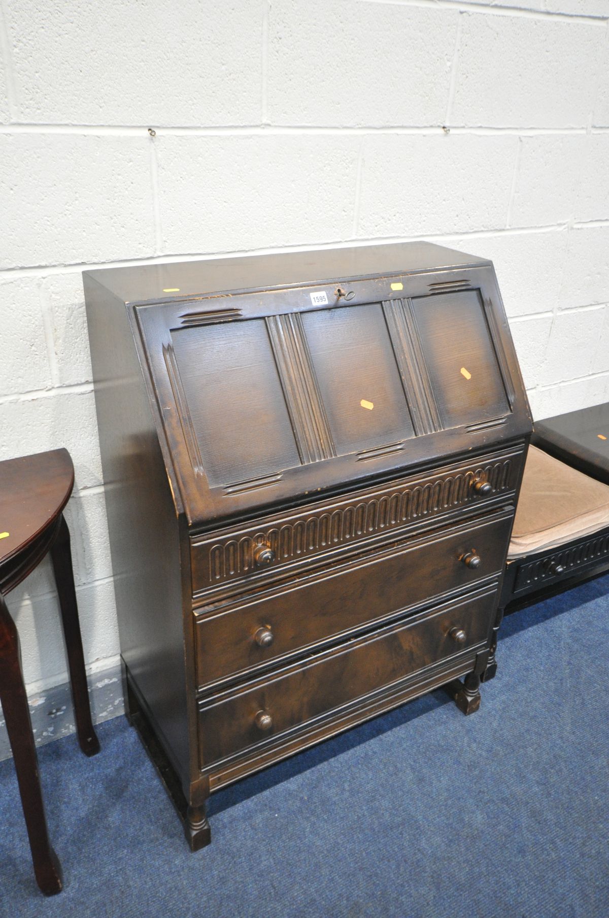 A PRIORY OAK BUREAU (key) a telephone seat/table and a demi lune hall table (3) - Image 2 of 2