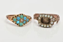 TWO LATE VICTORIAN RINGS, to include a yellow metal seed pearl mourning ring, with foliage detailing