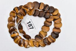 A TIGERS EYE NECKLACE, necklace consisting of forty-three polished tigers eye circular shaped disks,
