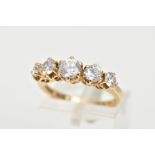 A 14CT GOLD FIVE STONE RING, designed with a row of claw set, graduated colourless cubic zirconia,