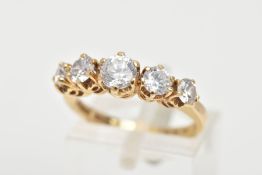 A 14CT GOLD FIVE STONE RING, designed with a row of claw set, graduated colourless cubic zirconia,