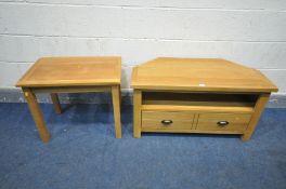 AN OAK CONER TV STAND with a single drawer, and a similar occasional table (2)