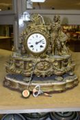 A MID 19TH CENTURY FRENCH GILT METAL FIGURAL MANTEL CLOCK, cast with a late 17th century style