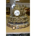 A MID 19TH CENTURY FRENCH GILT METAL FIGURAL MANTEL CLOCK, cast with a late 17th century style