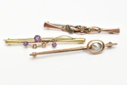 THREE LATE 19TH TO EARLY 20TH CENTURY GEM SET BAR BROOCHES, one foliate bar brooch set with seed