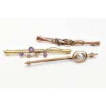 THREE LATE 19TH TO EARLY 20TH CENTURY GEM SET BAR BROOCHES, one foliate bar brooch set with seed