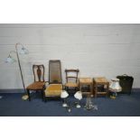 A PAIR OF BEECH RUSH SEAT STOOLS, a beech bergère high back chair, an Edwardian splat back chair,