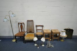 A PAIR OF BEECH RUSH SEAT STOOLS, a beech bergère high back chair, an Edwardian splat back chair,