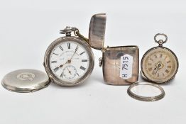 A SILVER VESTA AND TWO POCKET WATCHES, a silver vesta with an embossed pattern and a vacant