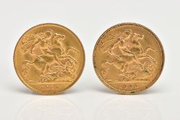 TWO HALF SOVEREIGN COINS EDWARD VII 1906, AND GEORGE V 1914