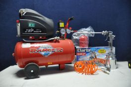 A CLARKE RANGER 46 air compressor(PAT pass and working) along with Clarke KIT1000 air tool kit and a