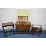 AN OAK BARLEY TWIST GATE LEG TABLE, along with a mahogany nest of three tables, an oak barley